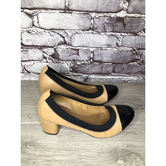 Tory Burch Tan Leather Black Patent Leather Block Heels Women’s Sz 8.5M US/39EU - Picture 12 of 16